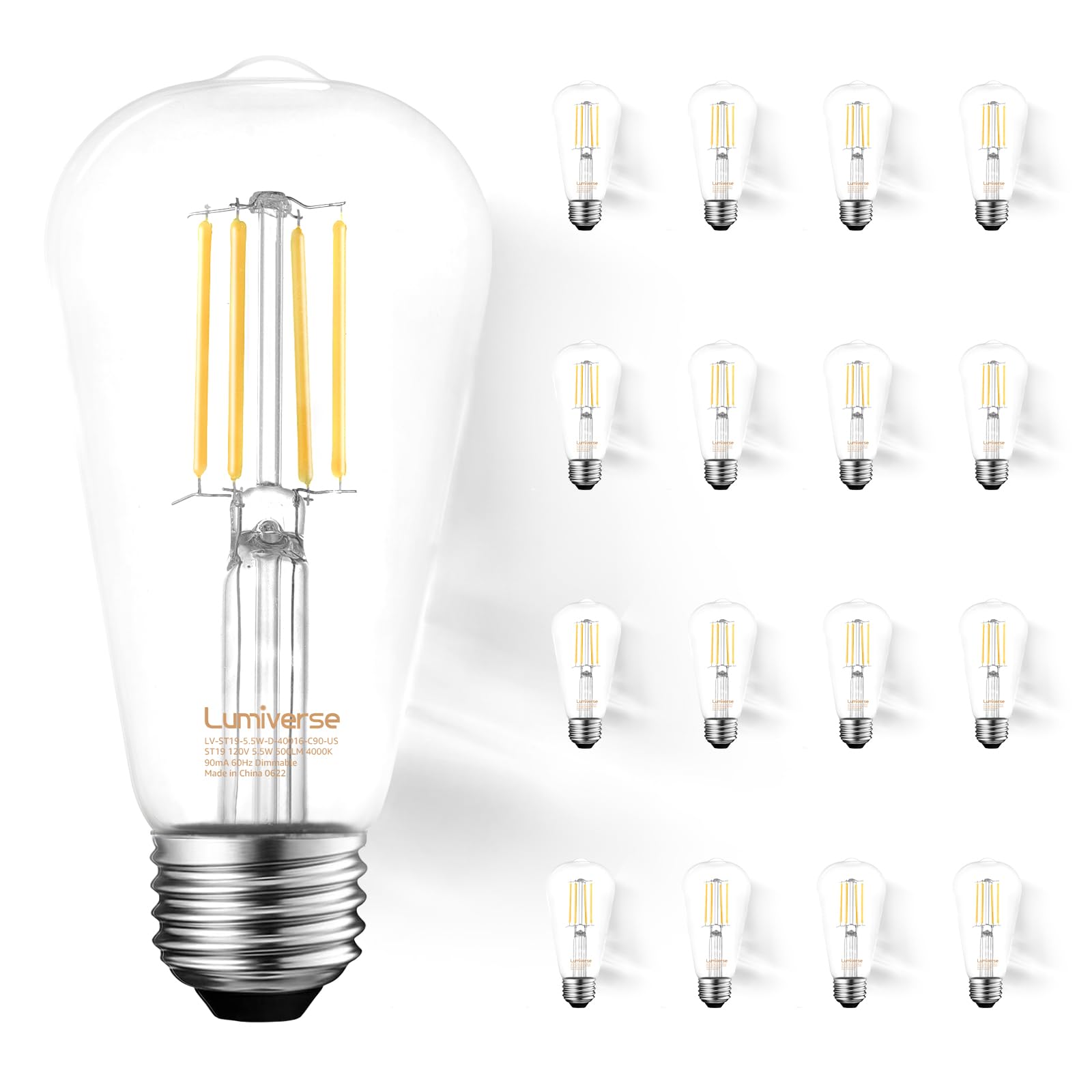 16 Pack St19 Dimmable Led Edison Bulb, 5.5W (60W Equivalent) 500Lm, Cri 95+, 4000K Cool White, E26 Medium Base, Vintage Filament
