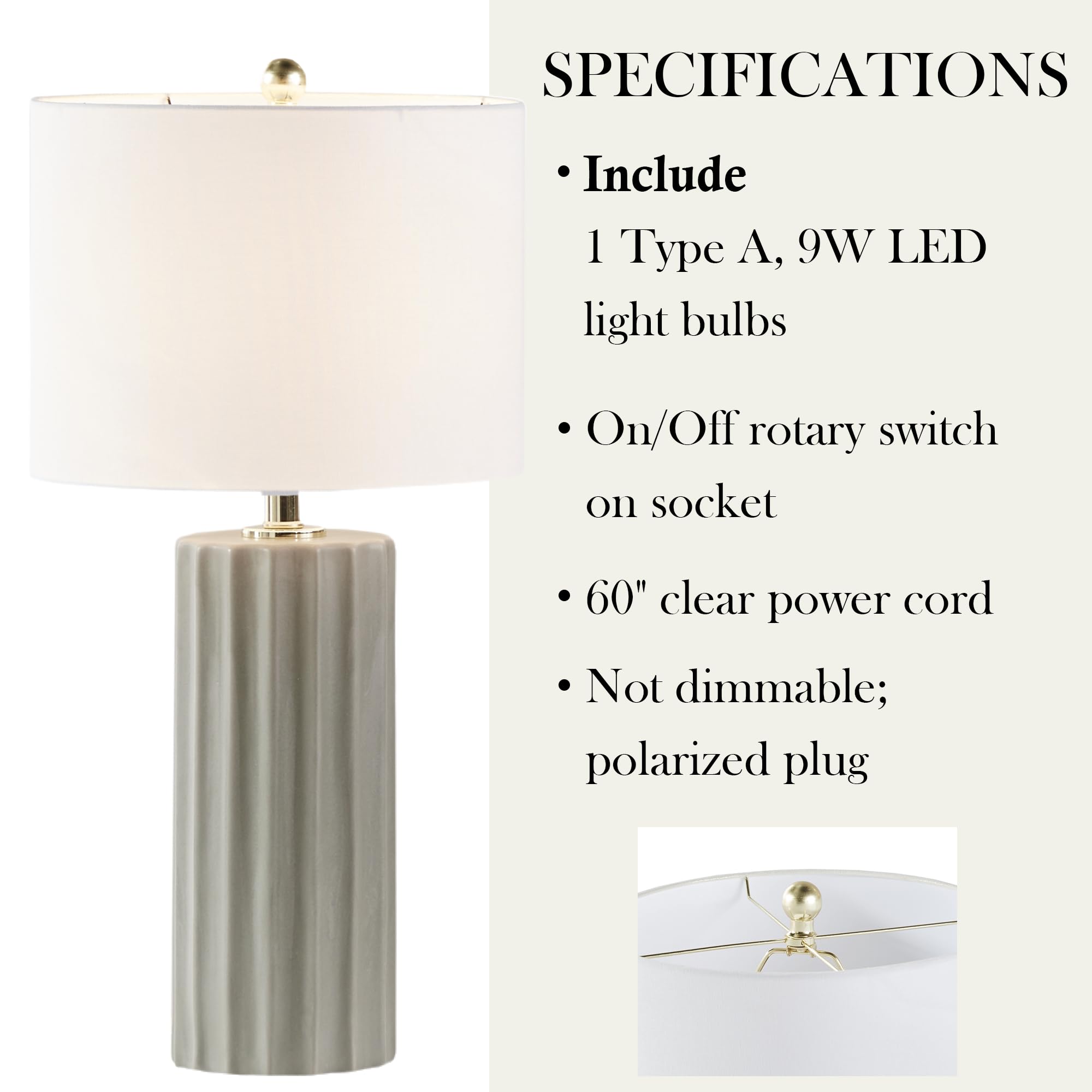 Ink+Ivy Ceramic Fluted Table Lamp - 27 Grey Nightstand Lamp With Linen Shade, Rotary Switch, Accent Decor