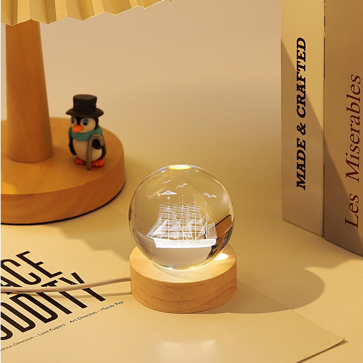 hochance 3D Sailboat Crystal Ball Lamp, Adjustable Brightness LED, 6cm, Night Light for Kids & Adults, Wooden Base, Home Decor