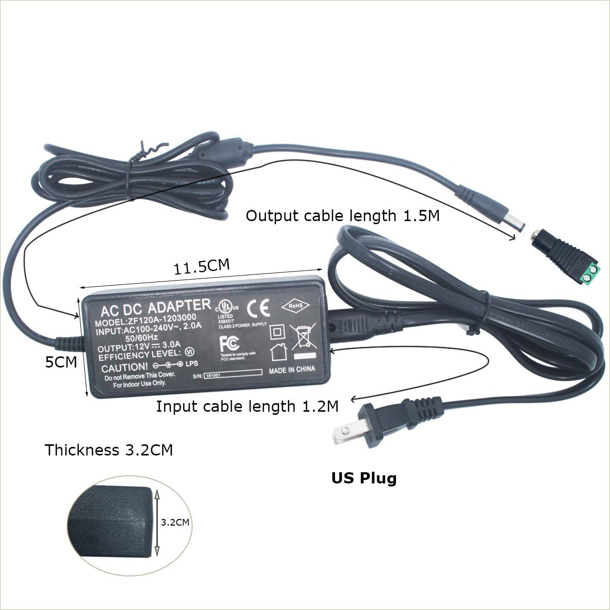 Litever 12V DC Power Supply Adapter, 3A, 36W, LED Transformer, Black, Model LL-12V-3A, Perfect for LED Light Strips