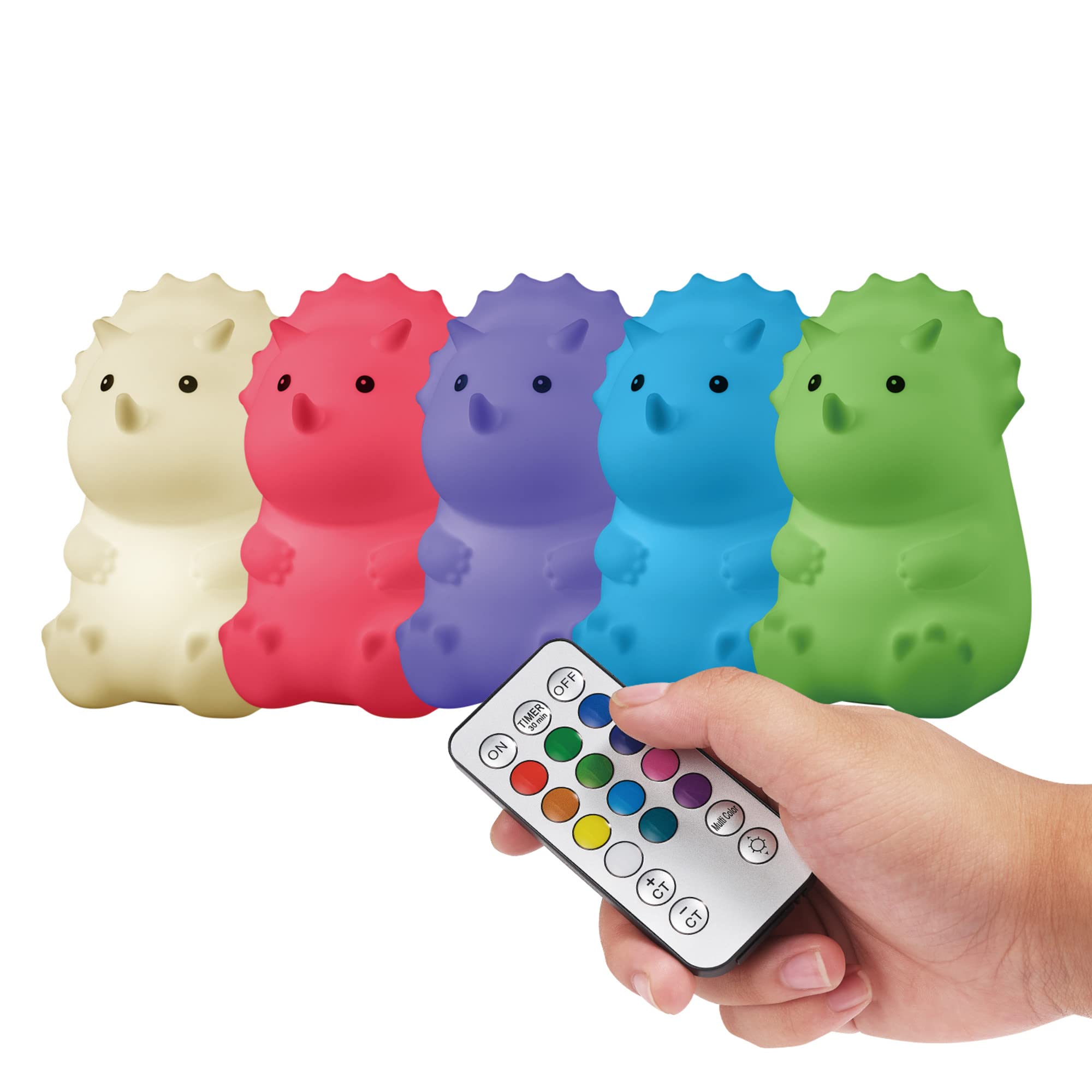 Globe Electric 13360 Dinosaur Night Light, Multicolor LED, Rechargeable Silicone Table Lamp, White