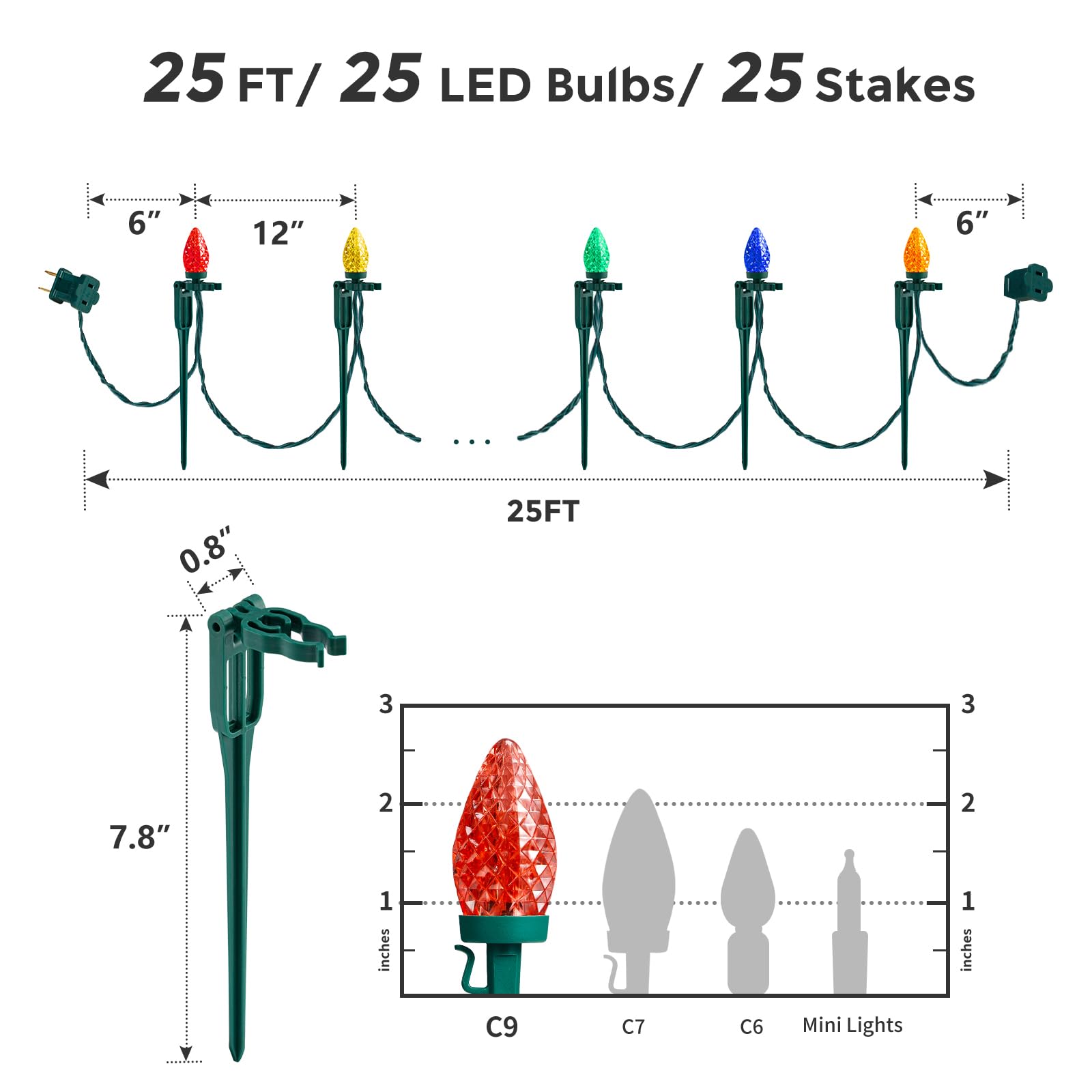 Suraielec C9 Christmas Pathway Lights, 25Ft Outdoor Christmas Light With 25 Stakes, 25 Multicolored Led Bulbs, Connetable String