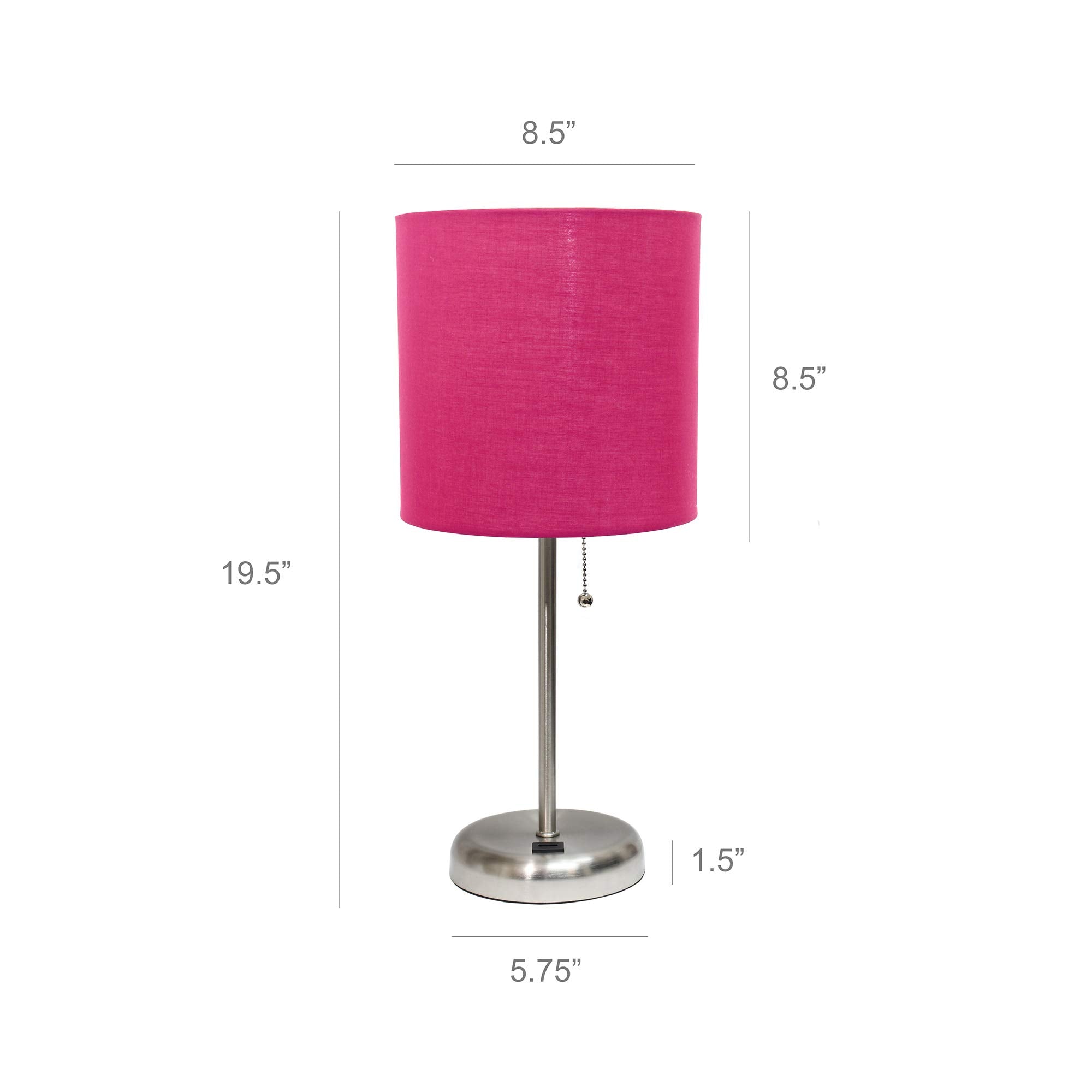 Simple Designs Lt2044-Pnk Brushed Steel Stick Table Desk Lamp With Usb Charging Port And Drum Fabric Shade, Pink Shade