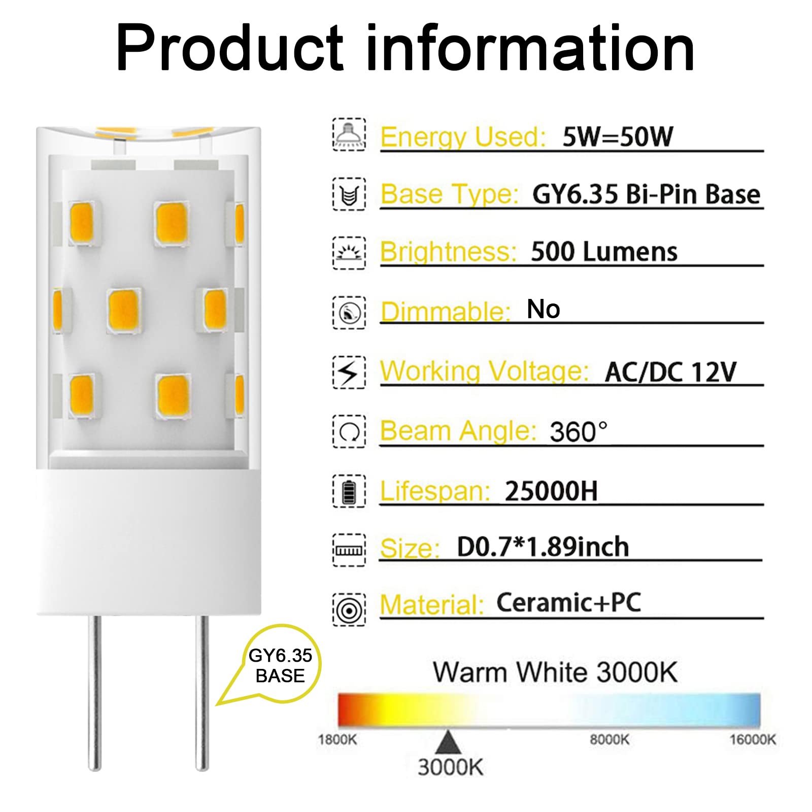 Taiyaloo Gy6.35 Led Bulb 5W Equivalent To 50W Bi-Pin Base Halogen Bulb, Ac/Dc 12V Warm White 3000K For Pendant Light, Chandelier