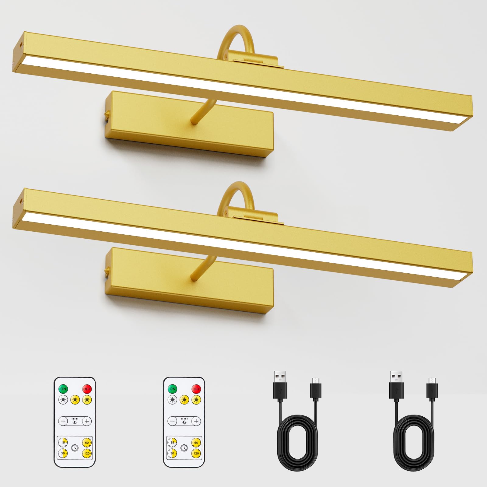 Bridika Picture Light 2 Pack, Rechargeable Wall Lights, Dimmable, Timer, Remote Control, 15.7in, Aluminum, Gold, Model QS31088