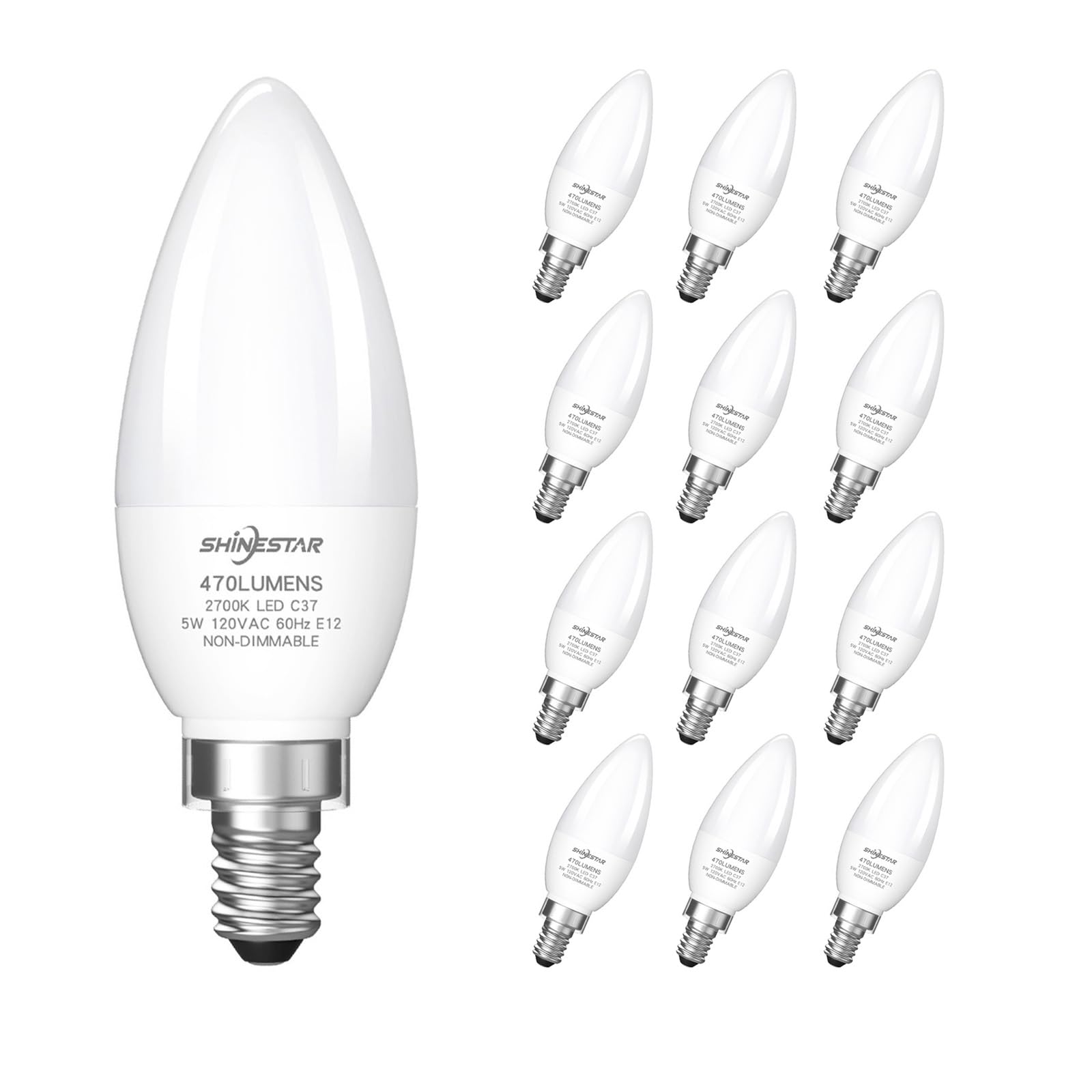 SHINESTAR 12-Pack Candelabra 40W Equivalent LED Light Bulbs  2700K Warm White Ceiling Fan Lightbulbs  Type B Small E12 Base  5W B11 Chandelier Bulb  C37 Candle Lights  Non-dimmable