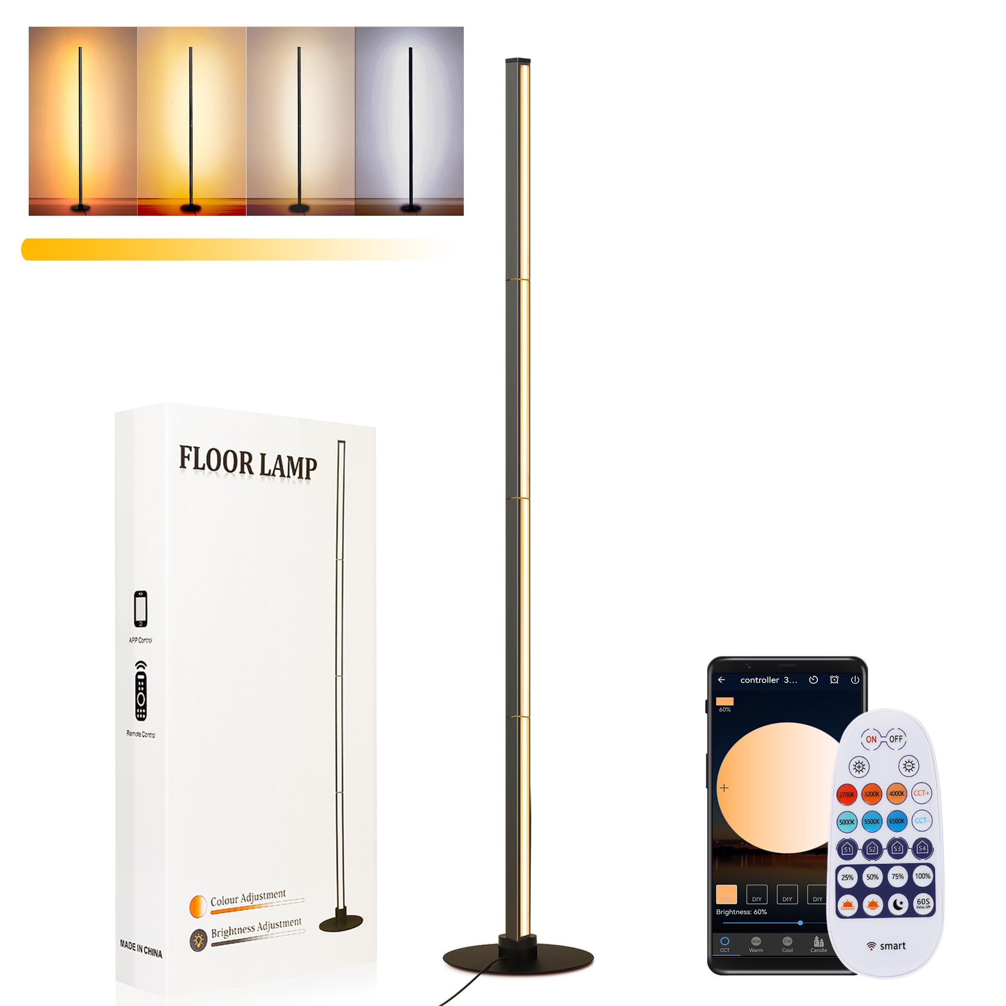 PMS 63 Modern Metal Floor Lamp, Warm to White Color Changing Standing Lamp, Stepless Dimmable Brightness Corner Lamp with APP &