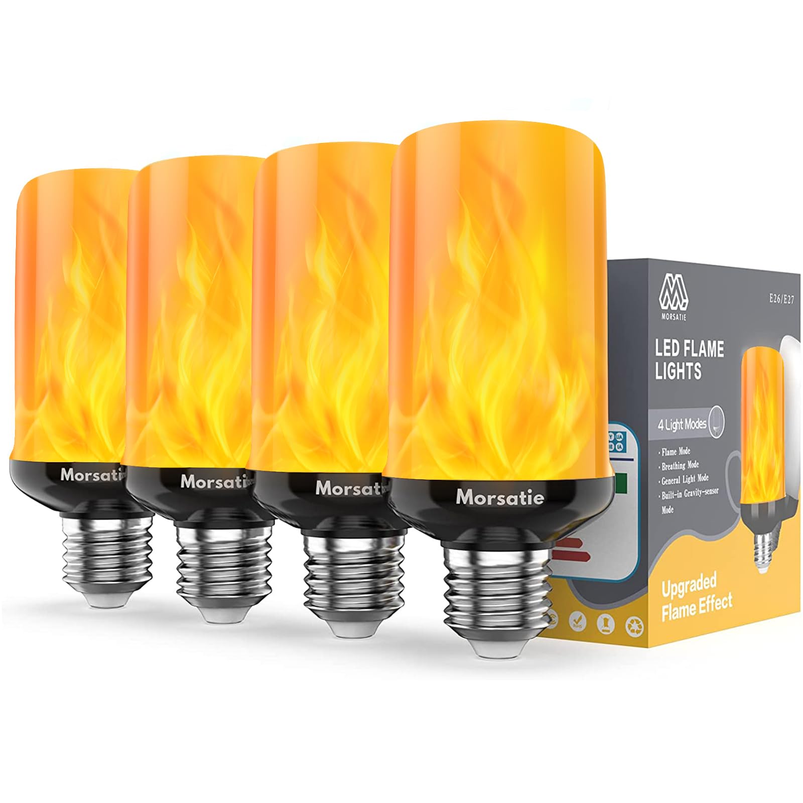Morsatie Led Flame Light Bulbs, 4-Mode Flickering Fire Lights For Halloween & Parties, 4 Pack