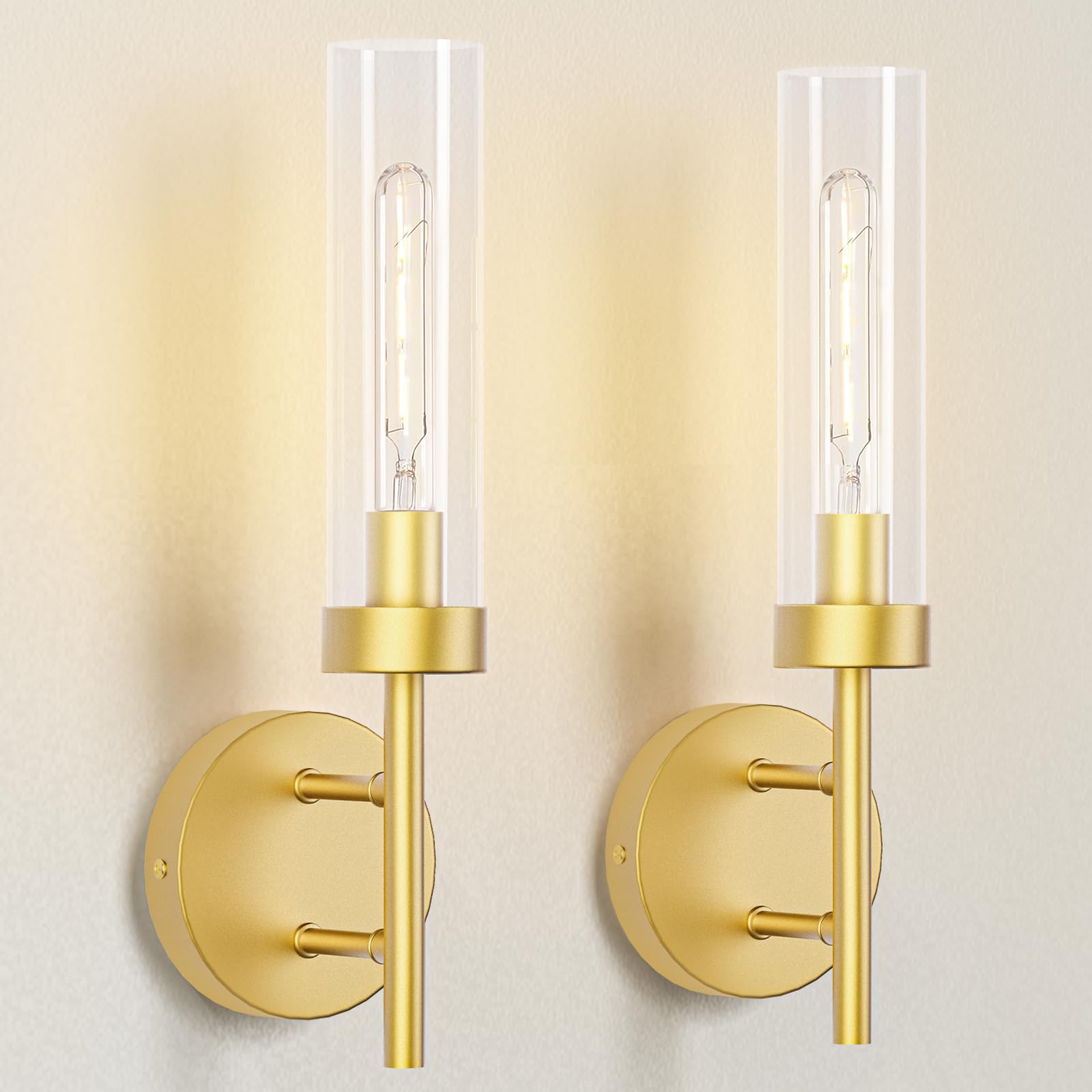 E.P. Light Wall Sconces Set of 2 Hardwired Gold Metal with Clear Glass Shade, Model EP0109