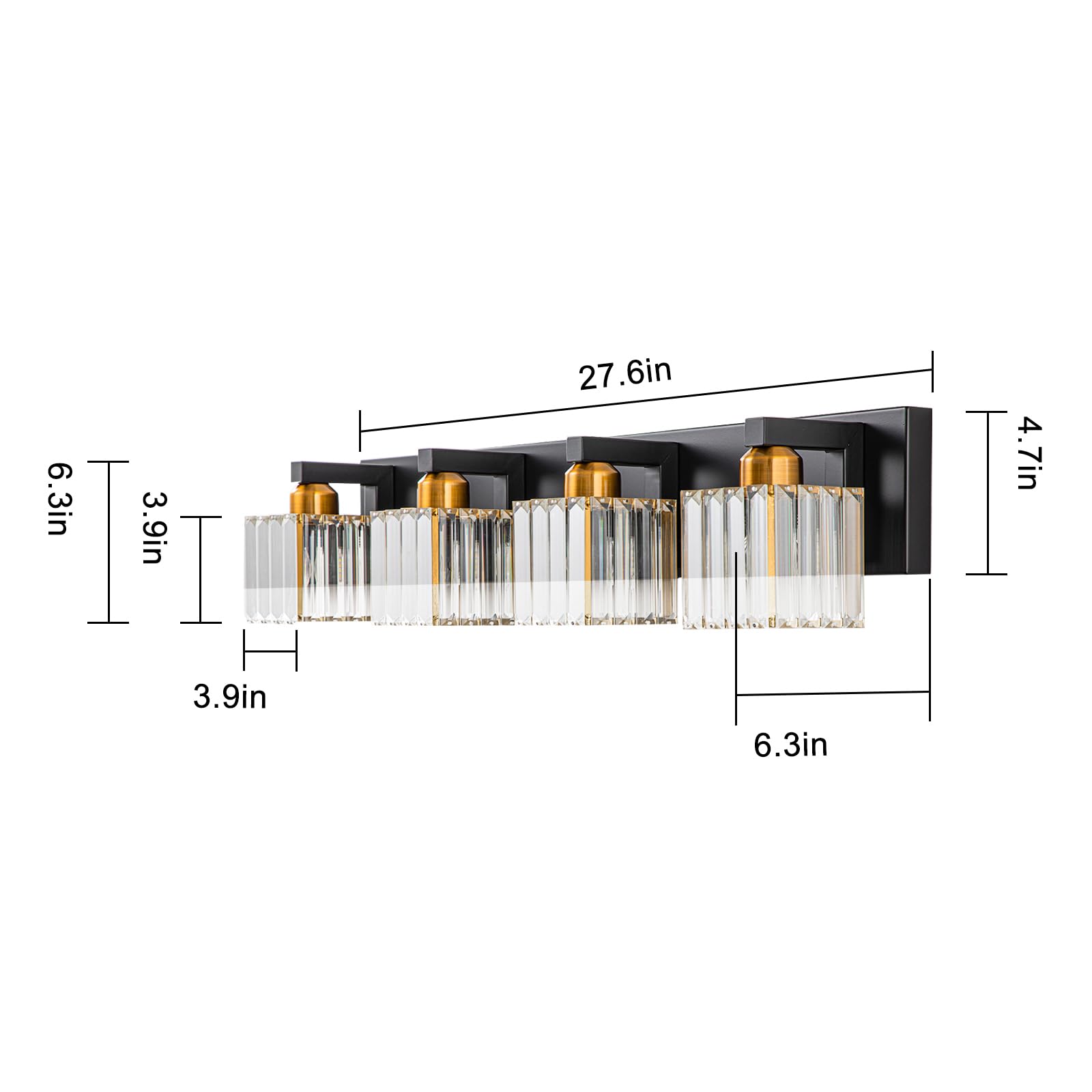 HUOKU Bathroom Vanity Light, 4-Lights, Black Gold Square Shade, Metal & Crystal, Model HUOKU-B01H35Z14G