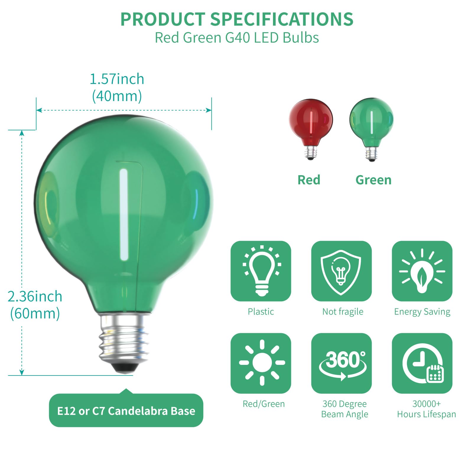 Meconard G40 LED String Light Bulbs, Shatterproof E12/C7, 1 Watt, 25 Pack, Red Green