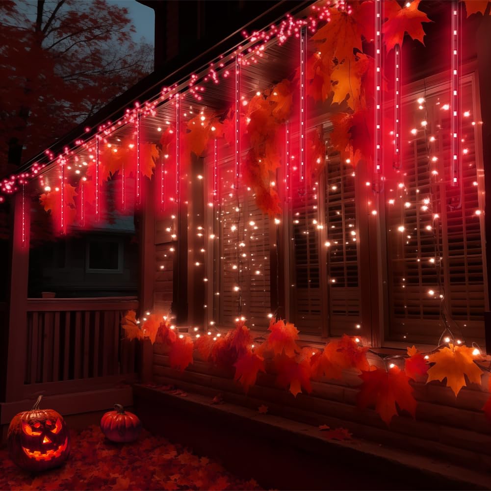 Aukora Red Led Halloween Lights Outdoor, Christmas Lights Outside, 8 Tube Snow Falling Rain Icicle String Light For Xmas Tree Pa