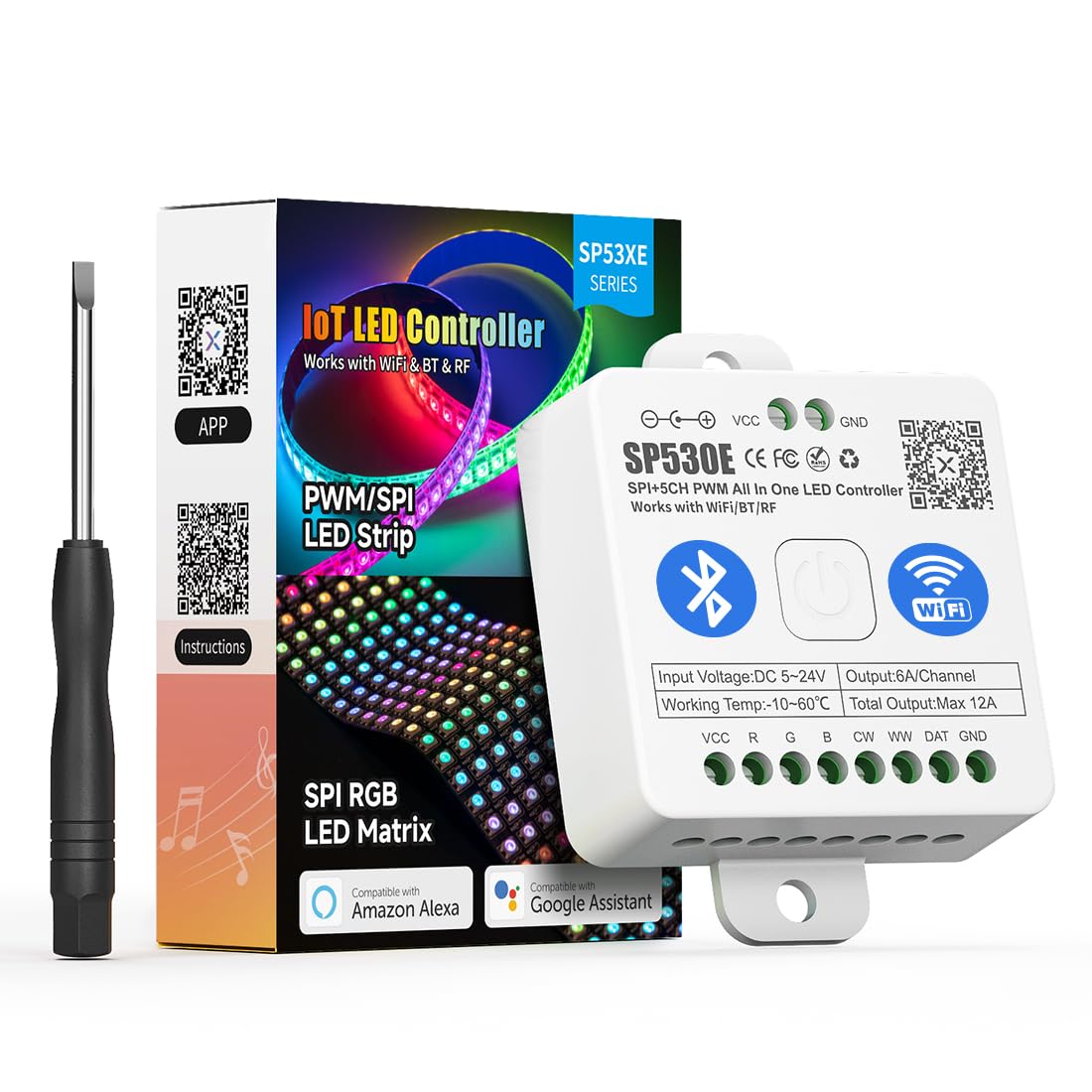 BTF-LIGHTING SP530E WiFi LED Controller for RGB LED Strips, Monochrome, CCT, DC5V/12V/24V, White, Polyvinyl Chlor