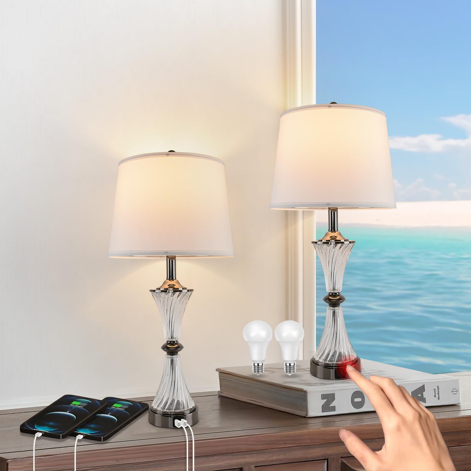 Bedside Crystal Lamps Touch Dimmable Table Lamps Modern Glass Table Lamp LED Lights Coastal Light USB Powered Desk Lights Nights