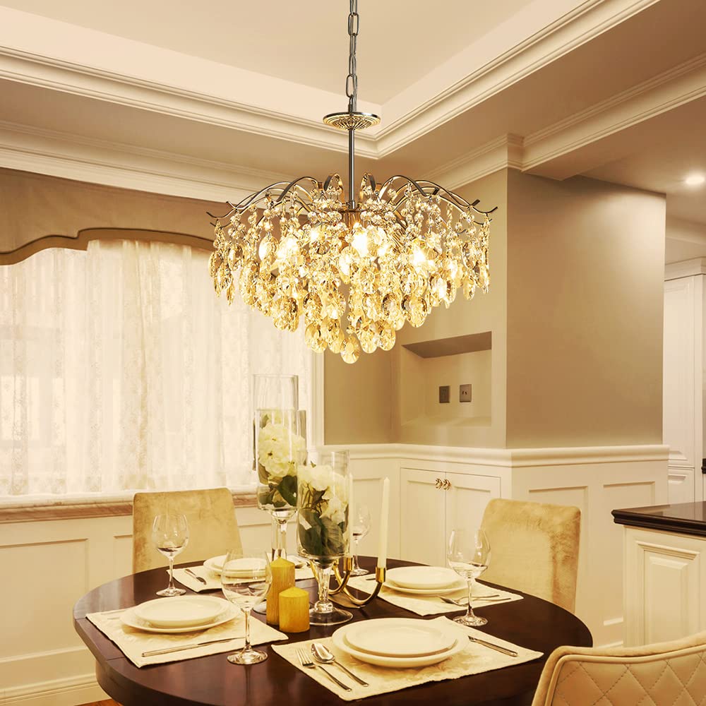 SM Saint Mossi Modern K9 Crystal Chandelier, 6-Lights, Chrome Finish, D20 x H17, Adjustable Chains, Model 22027