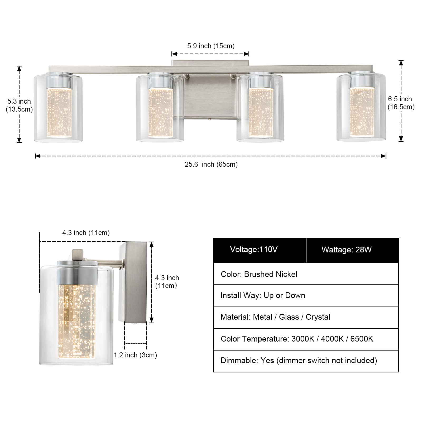 SineRise 4-Light Brushed Nickel Vanity Light, Dimmable LED Fixture with 3 Color Modes, Eye Protection Glass Shade, Model 34871d04