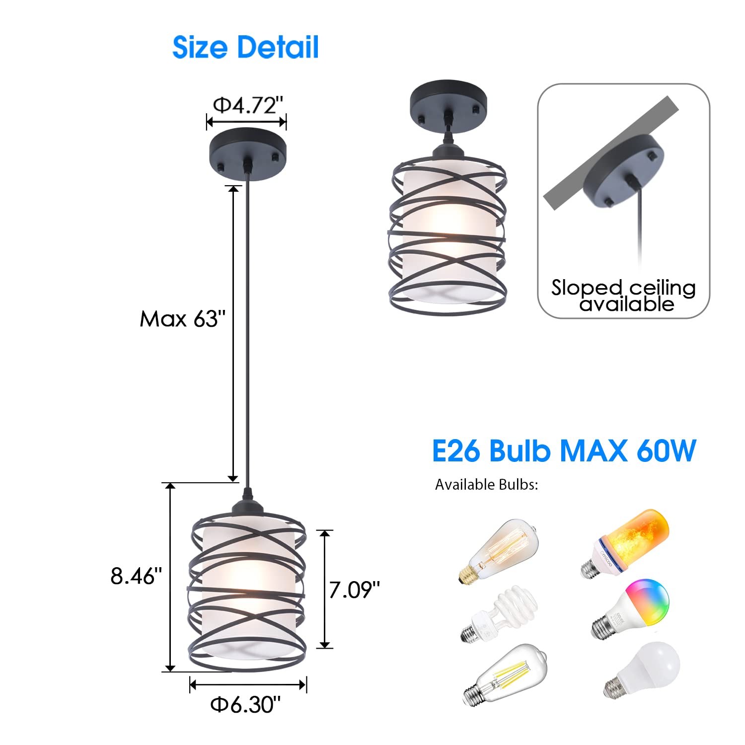 Modern Mini Pendant Light Fixture Kitchen Island Pendant Lighting 6.30''Matte Black Spiral Cage And Handblown Frosted Haze Glass