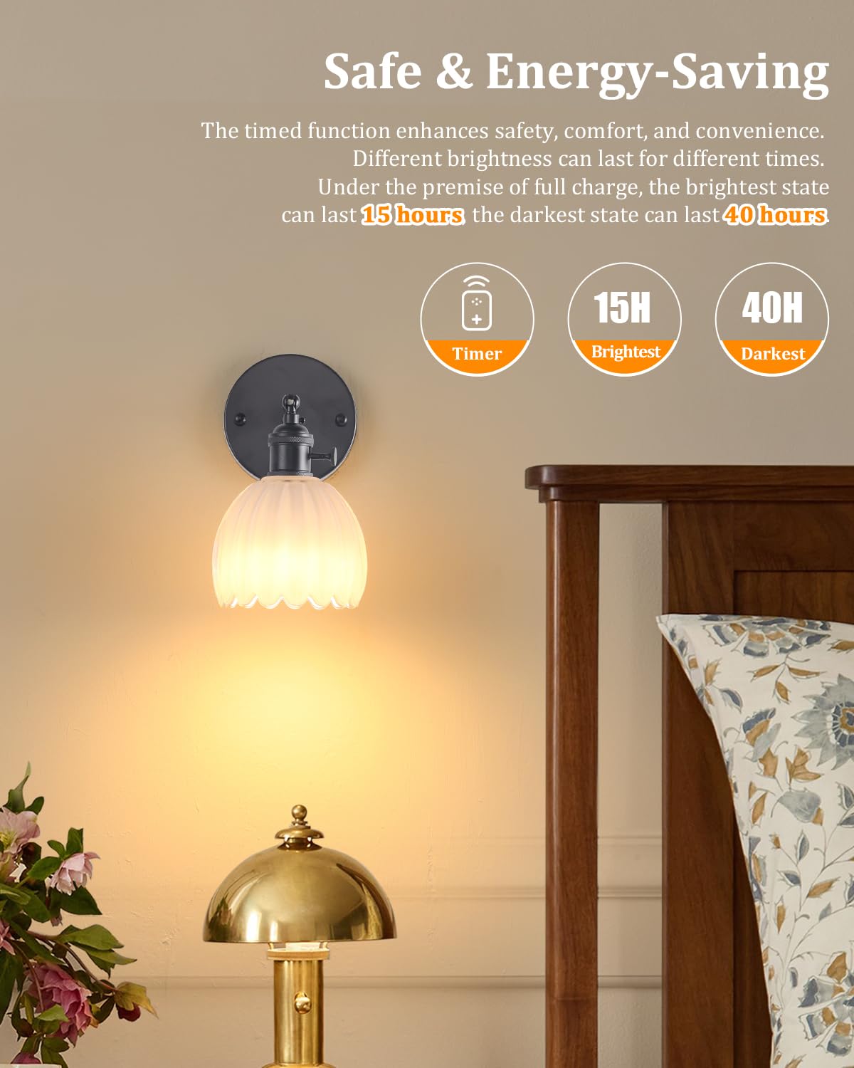 Shenmoyl Vintage Wall Sconce - Battery Operated, White Tulip Glass, Remote Control, Black Base, Model 1-93317