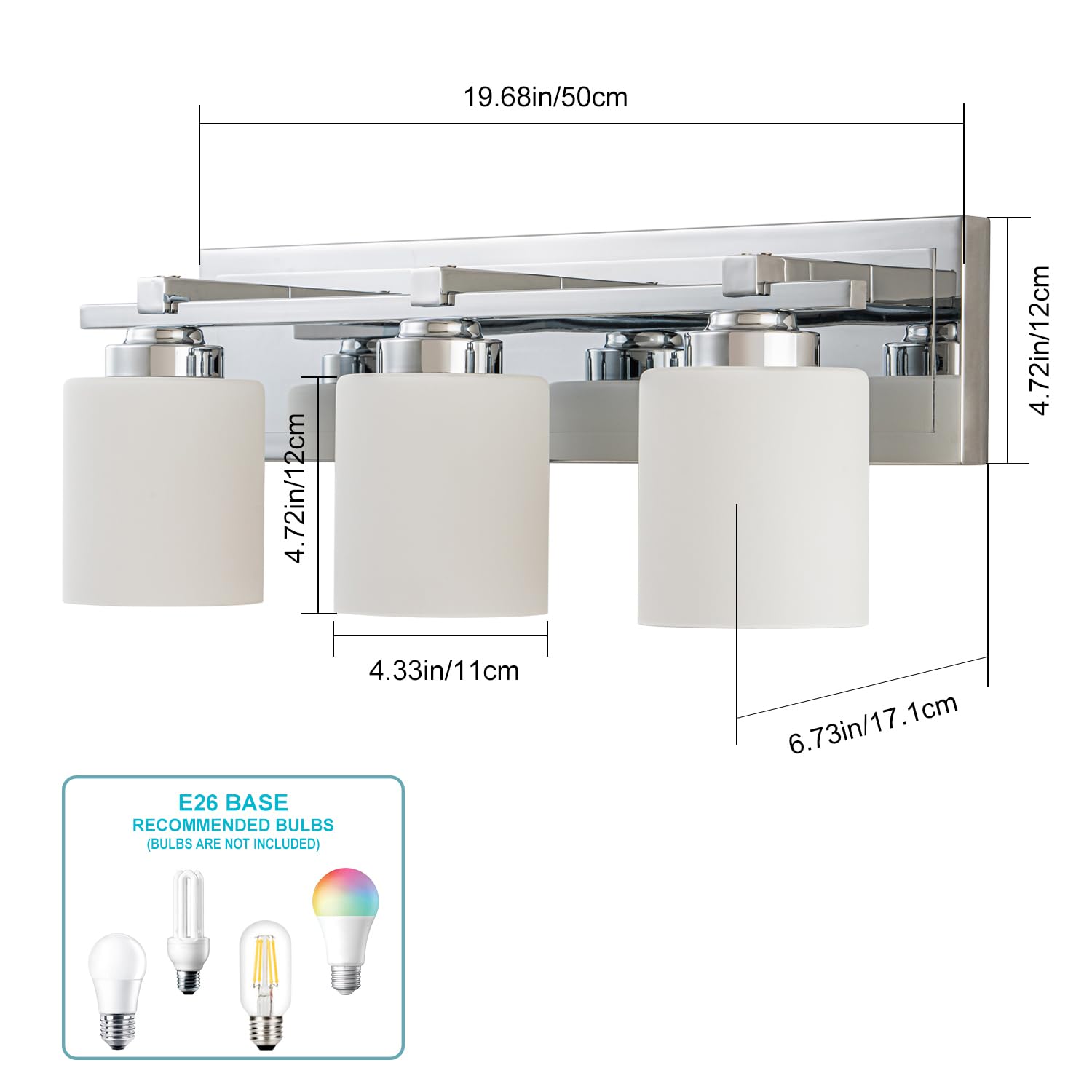BrkNit 3-Light Chrome Bathroom Vanity Light Fixture Over Mirror with Milky White Glass Shades, E26 Socket - Model J0057-1