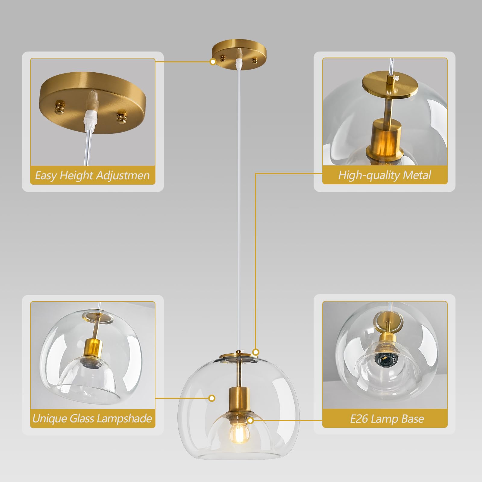 LBSQJ Clear Glass Pendant Light Fixture - Modern Globe Design, 9.84 in, Gold Accent, Ideal for Kitchen Island, Bedroom, Dining Room