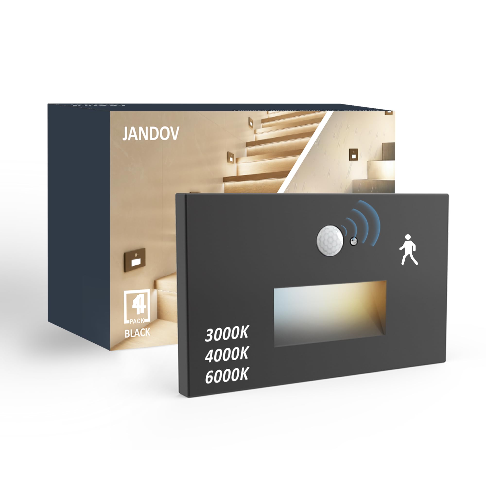 Jandov Motion Sensor Stair Lights, Dimmable 3000K/4000K/6000K, Hardwired 120V, IP65 Waterproof, Black, Model JV-Outdoor-Step