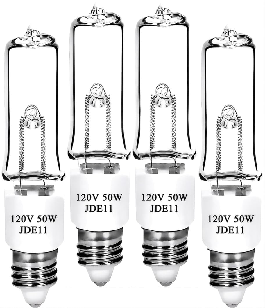 Lachesan Jde11 120V 50W T4 Mini Candelabra Base(Replacement E11 Led Bulb) 2700K Clear Dimmable Jd E11 Halogen Light Bulbs For Chandeliers  Ceiling Fan  Table Lamps  Cabinet Lighting  4 Pack