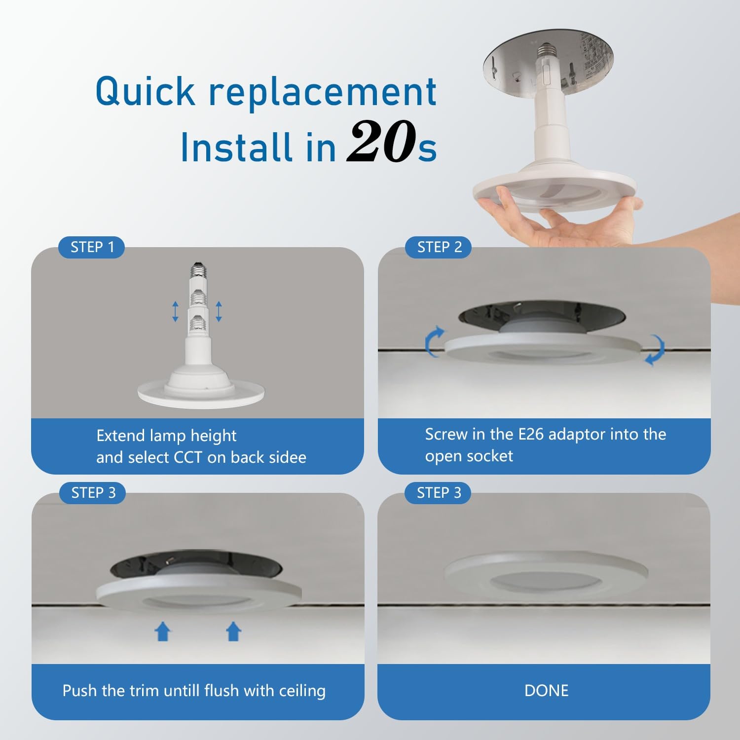 Jolux 5/6 Inch 5CCT Retrofit LED Recessed Lighting 12-Pack, Dimmable, E26 Base, Flat Trim, Adjustable 2700K-5000