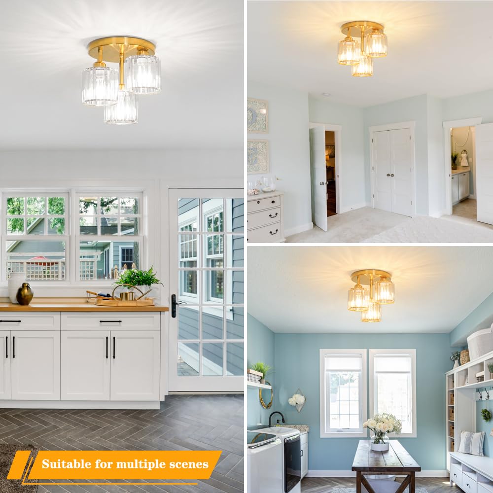 Modern Semi Flush Mount Ceiling Light, 3-Light Crystal Close To Ceiling Light Fixtures, Gold Kitchen Light Fixtures With Clear C