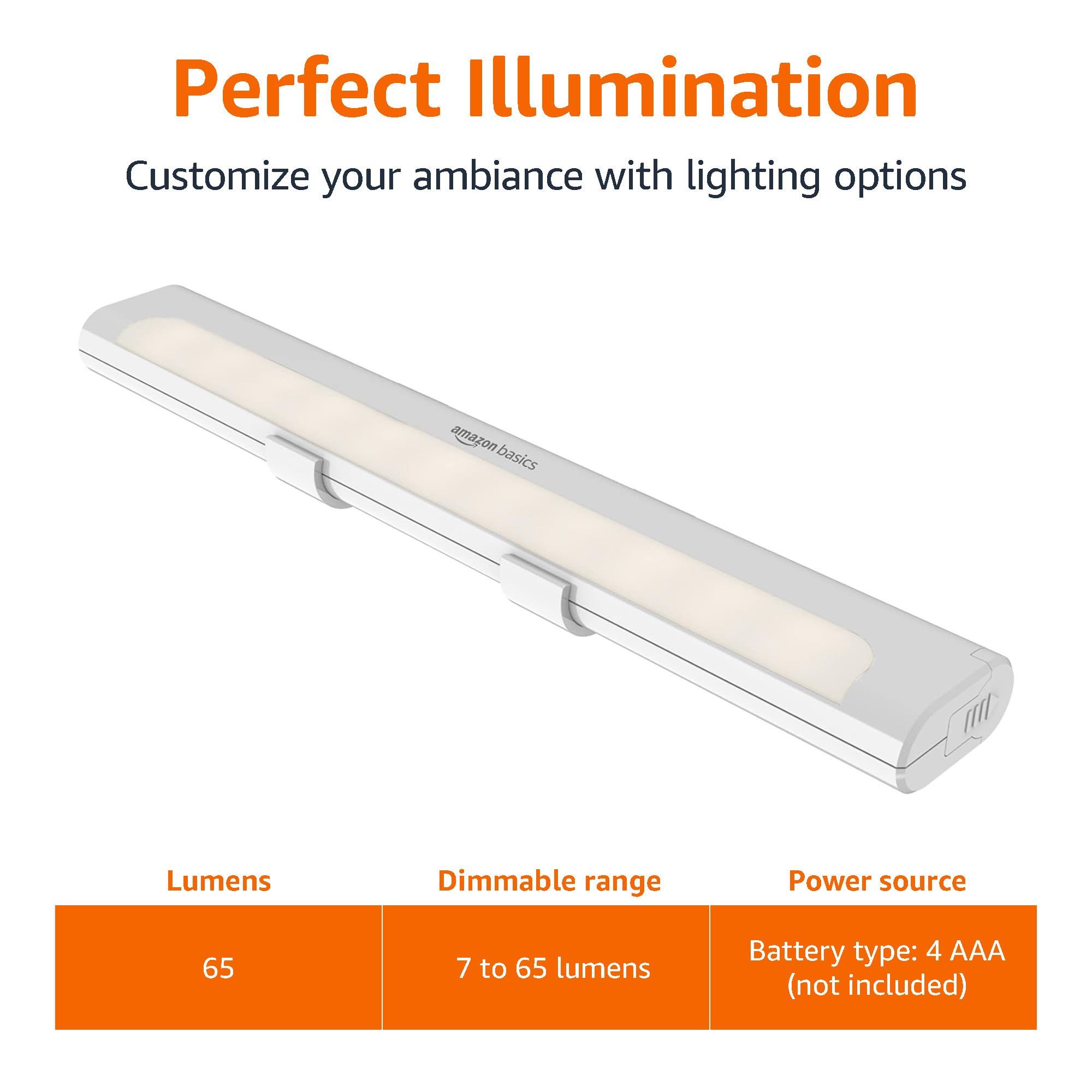 Amazon Basics LED Stick On Lights, Battery Operated, 65 Lumens, 2 Pack, White, Model 59462, Wireless Under Cabinet Lighting