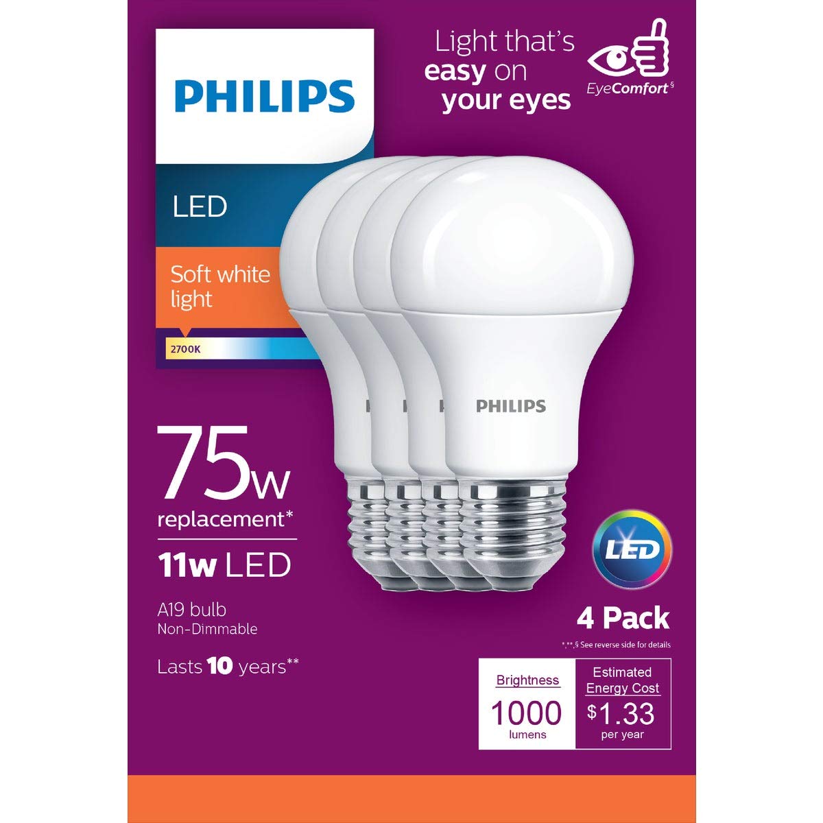 Philips Led Frosted Non Dimmable A19 Light Bulb - Pack Of 4 - Eyecomfort Flicker Free - 11W=75W - 1000 Lumen - Soft White (2700K