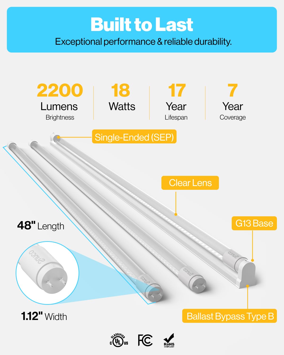 Sunco 30 Pack T8 Led Bulbs 4 Foot, Tube Light Bulbs Ballast Bypass, 48 Inch Fluorescent Replacement, 2200 Lm, 18W, 6000K Dayligh