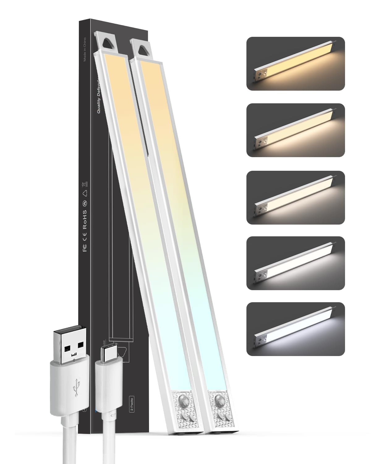 Under Cabinet Lights, 16'' LED Motion Sensor 5CCT Dimmable Lighting, 2500mAh Rechargeable Closet Light Battery Operated Under Co