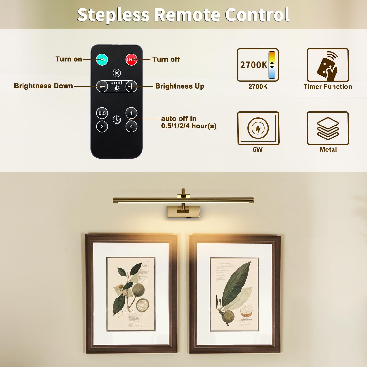 DESOOP Wireless Picture Lights - 24 Inch Brass Art Lighting with Remote & Timer, Battery Operated, Model 7115, Warm White