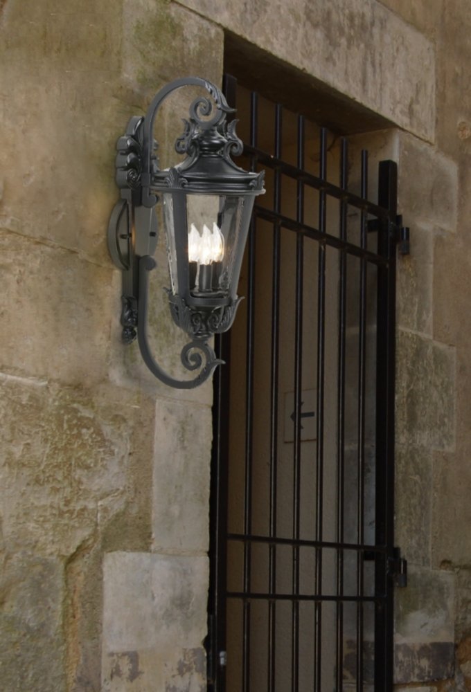 John Timberland Outdoor Wall Light Fixture, Black Metal, 21.5in High, Clear Hammered Glass, Model LP110C-7T, Mediterranean Style