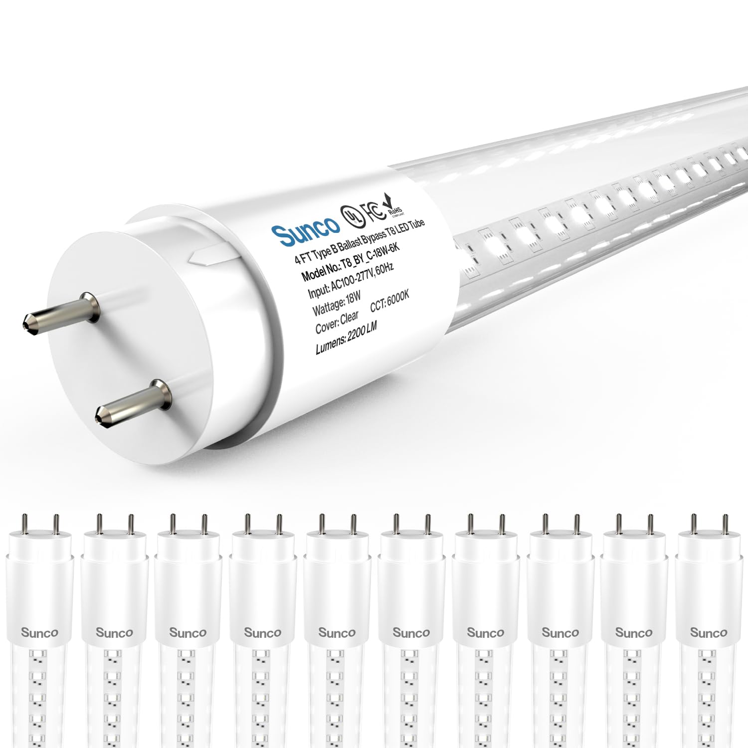 Sunco 10 Pack T8 Led Bulbs 4 Foot, Led Fluorescent Tube Replacement, 4Ft Led Tube Light, Ballast Bypass, 2200 Lm, 18W, 6000K Day