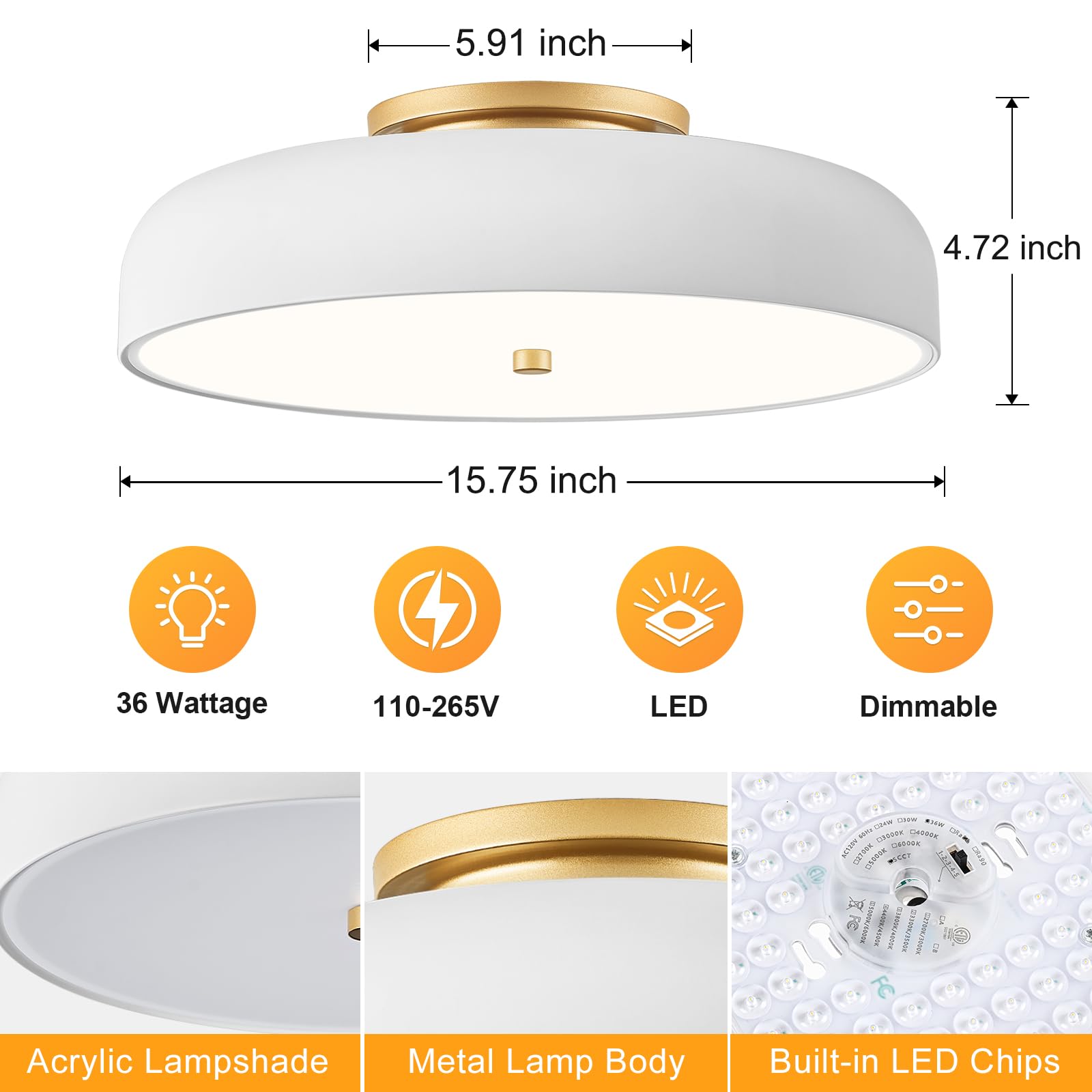 Onesming Dimmable Led Ceiling Light Fixture, 2700K-6000K 5Cct Modern Semi Flush Mount Ceiling Light, Gold Close To Ceiling Lamp