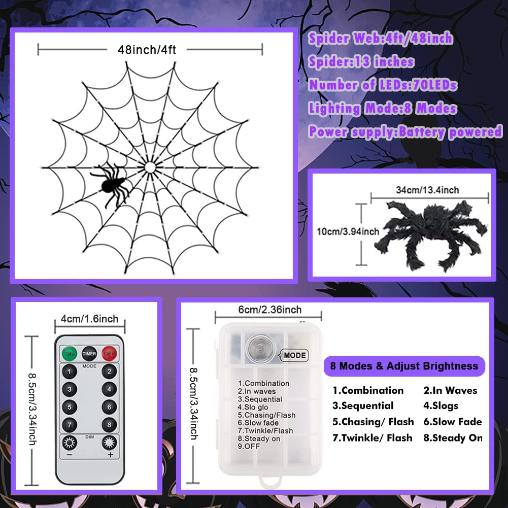 LCHUANG Halloween Spider Web Lights - 4FT, 70 LEDs, Waterproof, Remote Control, 8 Modes, Purple, Model YZZW-001