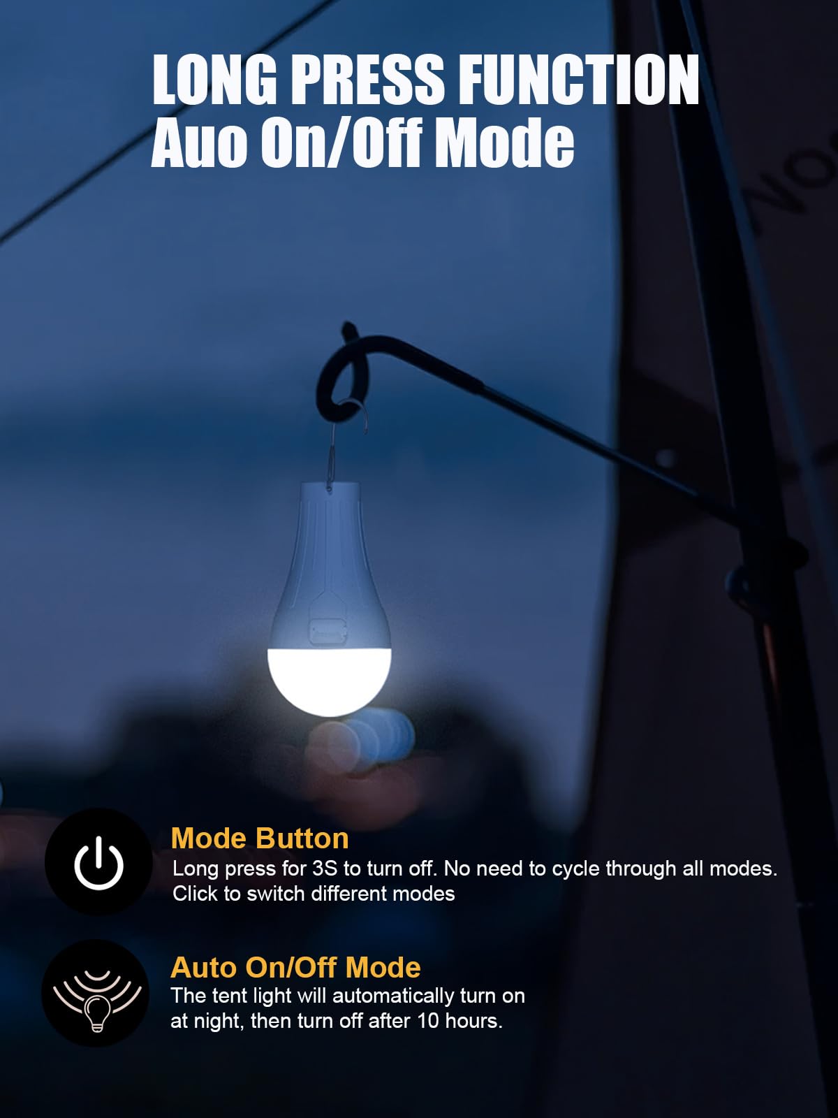 LOTOFIT Rechargeable Camping Light Bulbs - LED Tent Lights, Auto On/Off, 3 Brightness Levels, USB Rechargeable, White, 4-Pack