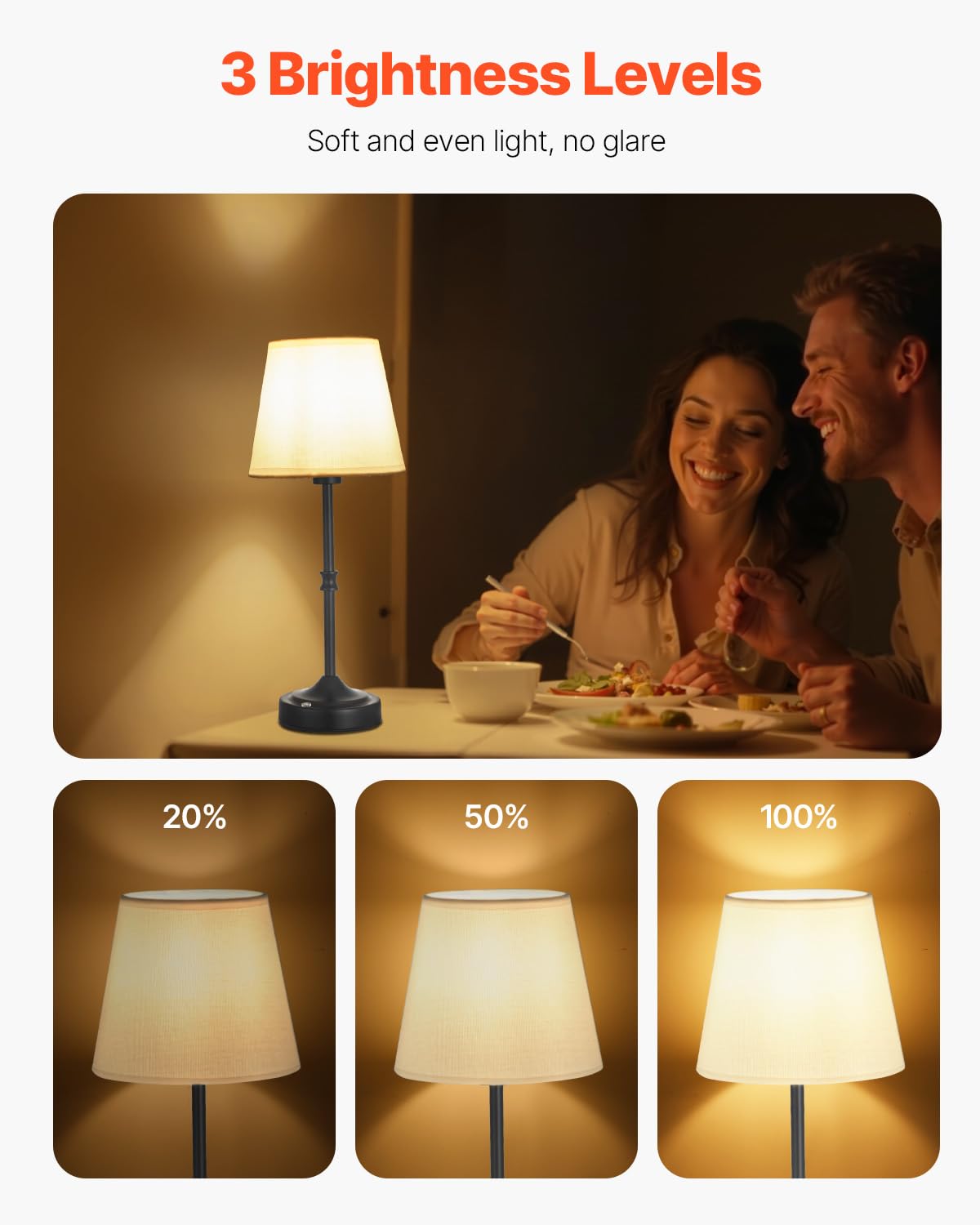 VEVOR Cordless Table Lamp, 2 Pack, 5200mAh Battery, 3-Level Brightness, Fabric Shade, Black, Model T50