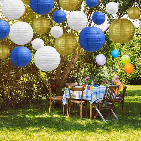 BEISHIDA 21 Pcs Paper Lanterns - Blue Gold White Round Decorative Hanging Lights for Birthday, Wedding, Graduation, Baby Shower Decoration