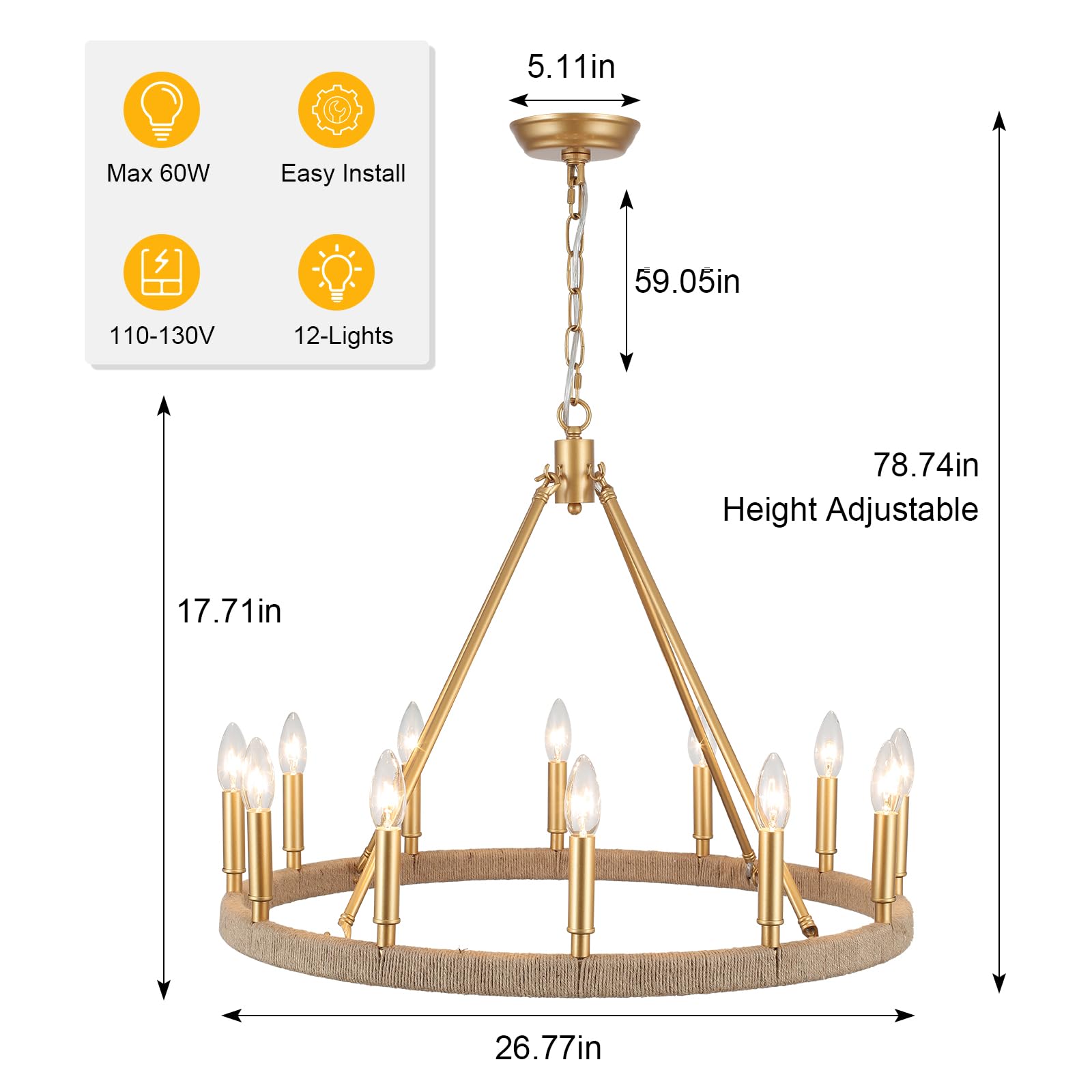 Zjvaive 12-Lights Gold Wagon Wheel Chandelier 28'' Large Gold Farmhouse Chandelier Vintage Circle Light Fixture For Dining Room