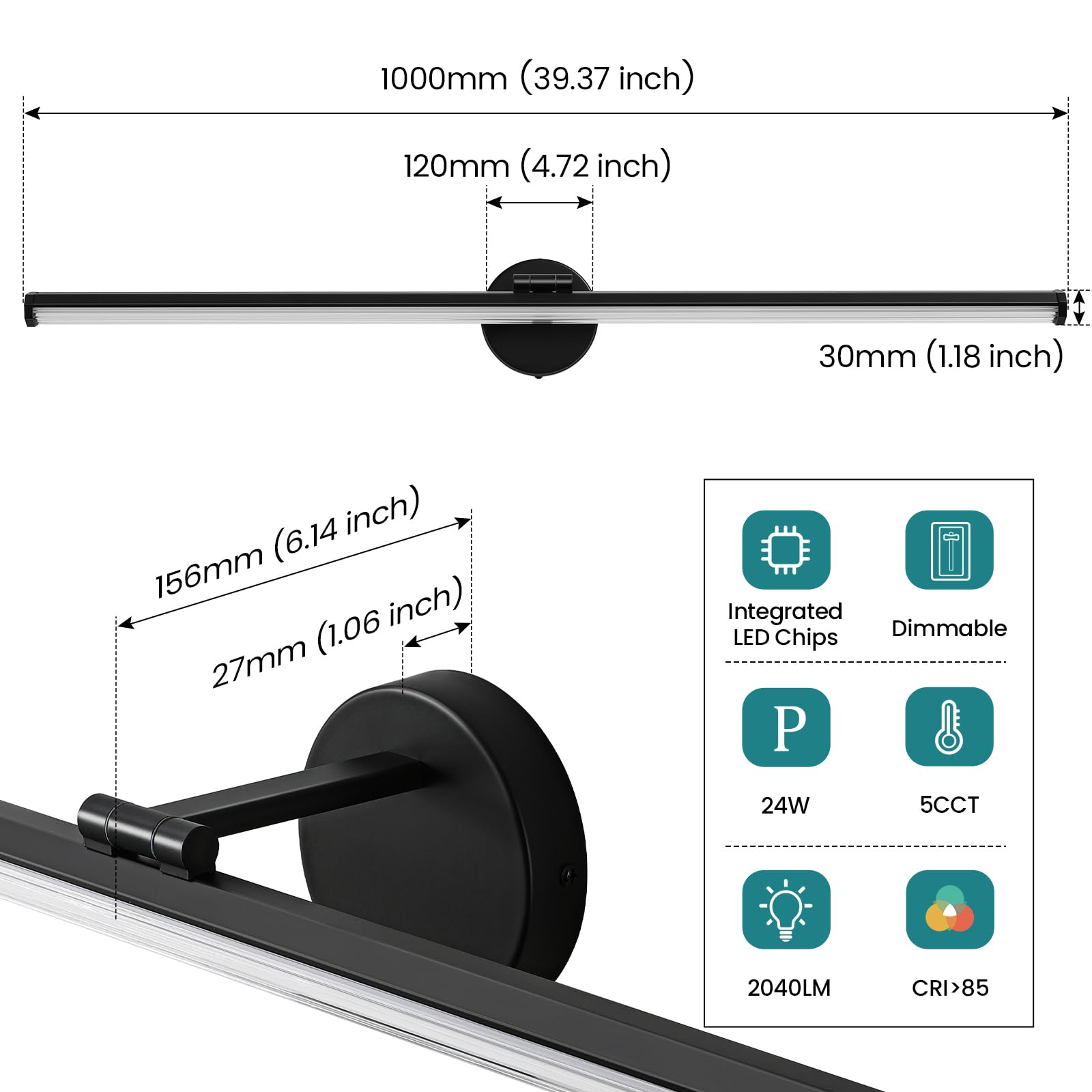 Kaisite Black Vanity Light 39 Inch Modern Bathroom Light Fixture Over Mirror 24W Dimmable 5Cct Led Vanity Light For Bathroom Res