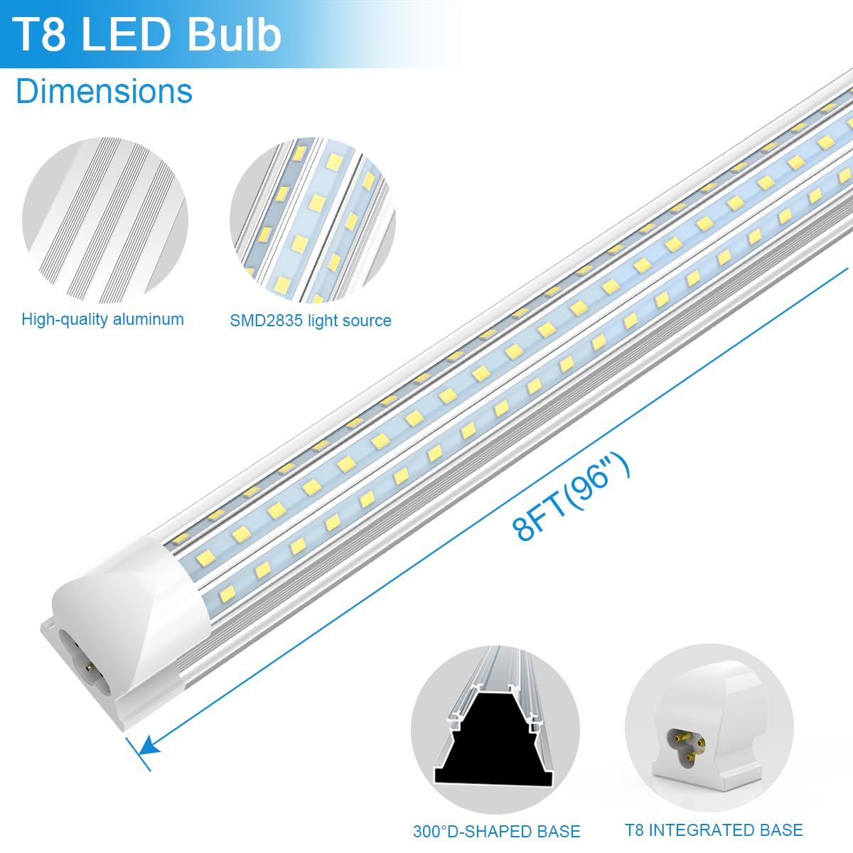 SHOPLED LED Shop Light 8FT, 90W 11700LM, 6000K Cool White, Linkable T8 Tube Light, D-Shape, 12 Pack