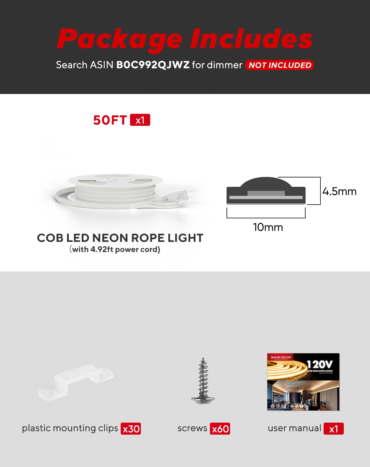 Shine Decor Cob Led Rope Light Ac 120V  800Lm Ultra Bright  Ip65 Waterproof Cold-Resistant Etl Neon Strip  No Driver Tape Lighting For Home Commercial 10X4.5Mm  6000K Cool White  50Ft