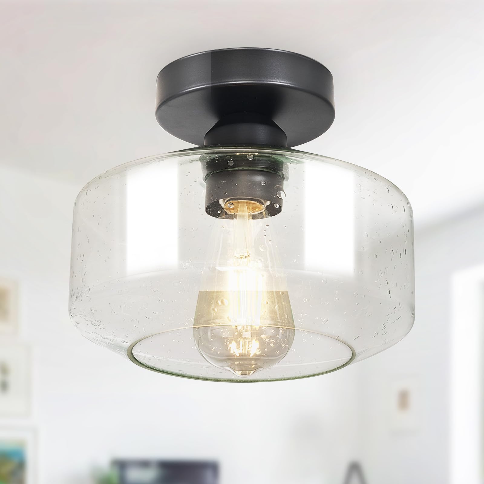 Industrial Semi Flush Mount Ceiling Light: Black Seeded Glass Kitchen Lighting Fixtures Ceiling - Vintage Hallway Light Fixtures