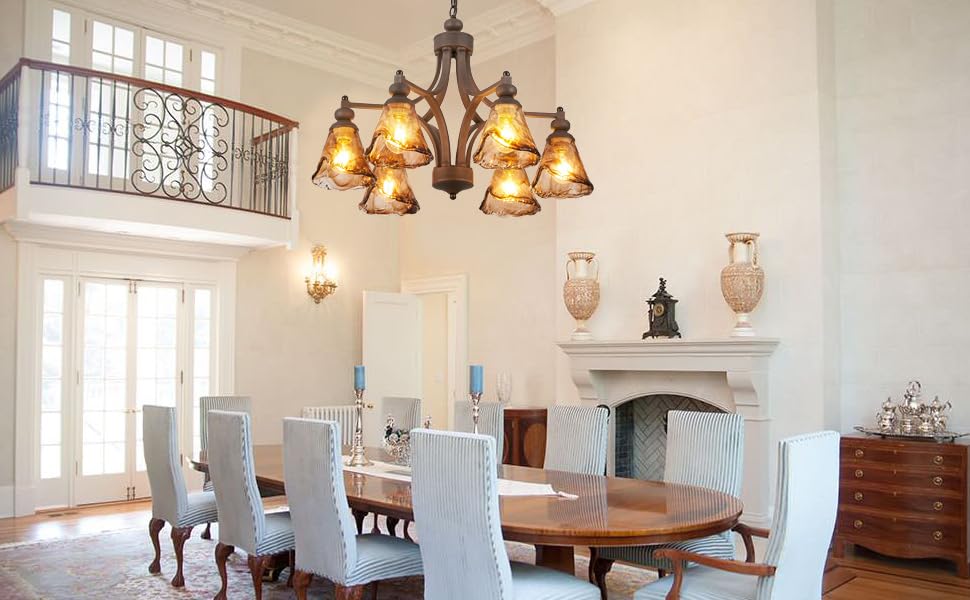 Lanpesting Vintage Farmhouse Chandelier  27 Inch Adjustable Amber Glass Rust-Finish Metal Pendant Light Fixture For Living Room  Bedroom  Dining Room  Kitchen Lighting (6-Light)