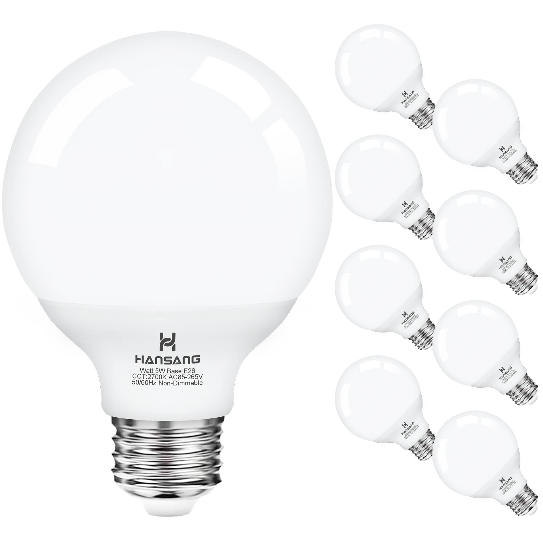 Hansang G25 Vanity Light Bulb 2700K Warm White 8 Pack, Led Globe Light Bulbs For Bathroom Vanity Mirror,E26 Medium Screw Base,5W