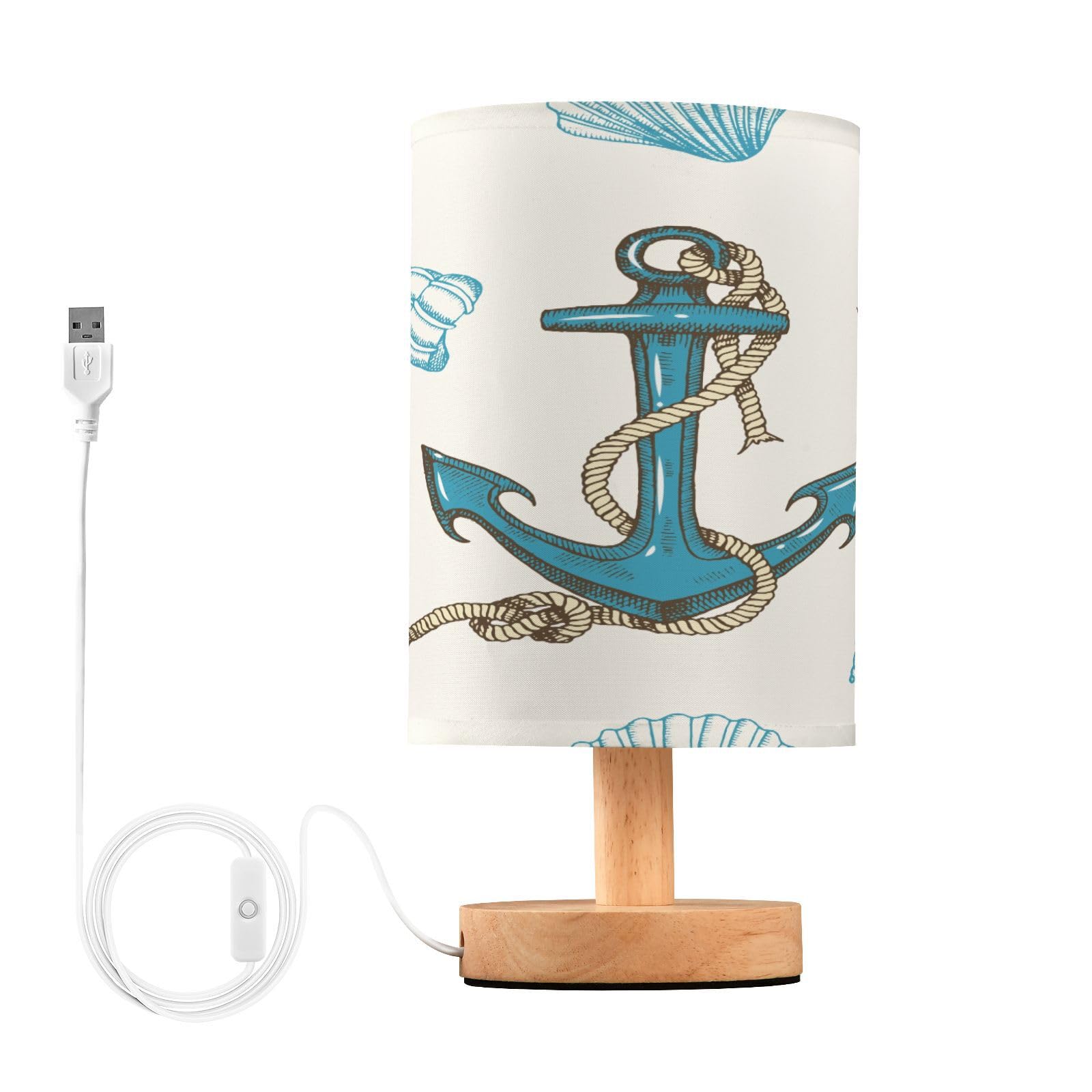 BOENLE Bedside Lamp Nautical Anchors Seashells Table Lamp for Bedroom LED Nightstand Lamp Shade USB Ports Wood Base for Living R