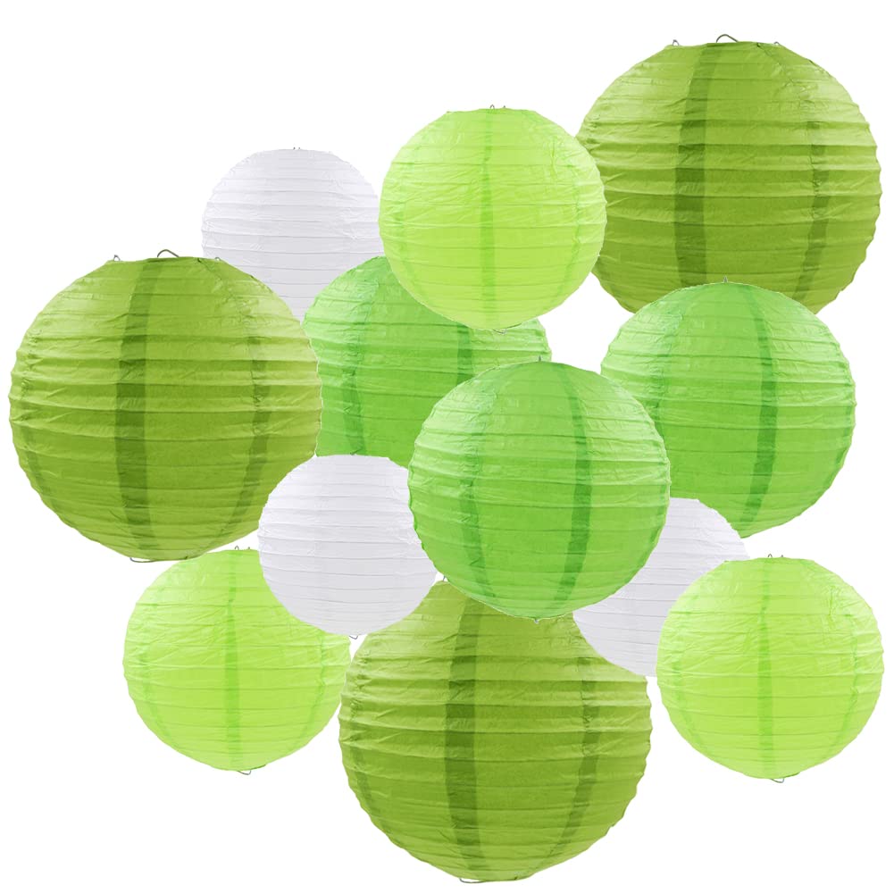Famolay Green Paper Lanterns 12 Pcs Assorted Size of 6'' 8'' 10'' 12'' Chinese Round Paper Hanging Decorations Ball Lanterns Lam