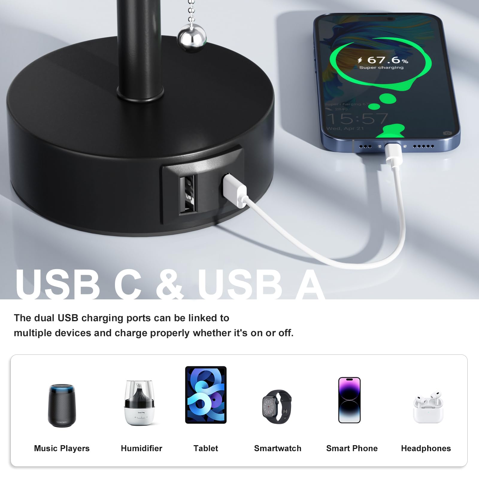 Fenmzee Usb Bedside Table Lamps Set Of 2-3 Color Temperatures Pull Chain Lamp With Usb C And Usb A Charging Ports, Two Round Nig